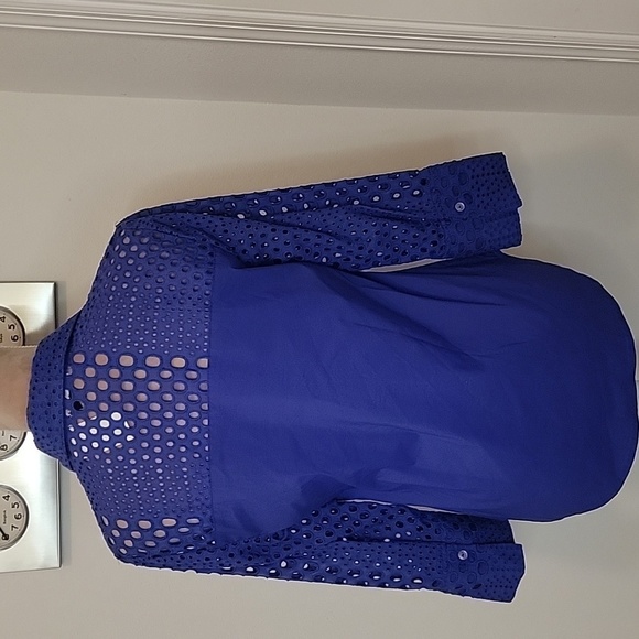 Tracy M, Eyelet Accent Fitted Button Down Blouse, Purplish Blue Color, NWT. - Picture 7 of 12